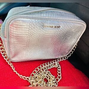 Victoria's Secret Small Silver Textured Crossbody with Gold Thick Chain Purse.